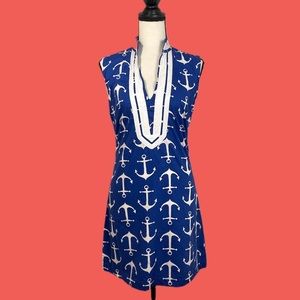 VIntage Inspired Blue & White Nautical Sleeveless Shift Dress | SIZE S